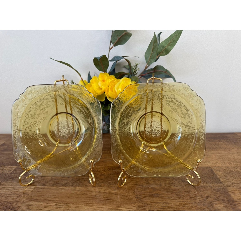 Federal Glass Madrid Amber Yellow Depression Glass Bowls Set Two Vintage Retro